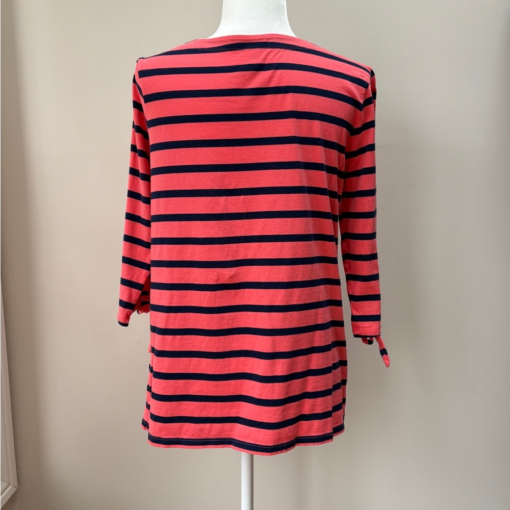 Old Navy Coral Orange and Navy Striped Tie-Cuff Long Sleeve Top - Picture 3 of 10